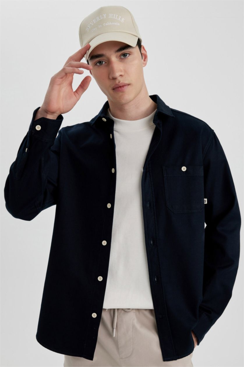 Erkek Lacivert Regular Fit Tencel Basic Düz Uzun Kollu Gömlek