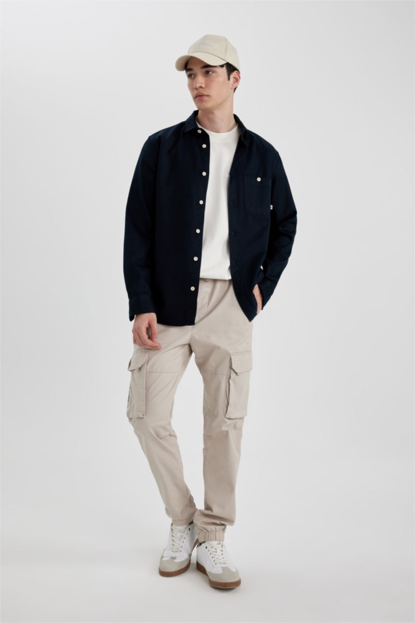 Erkek Lacivert Regular Fit Tencel Basic Düz Uzun Kollu Gömlek