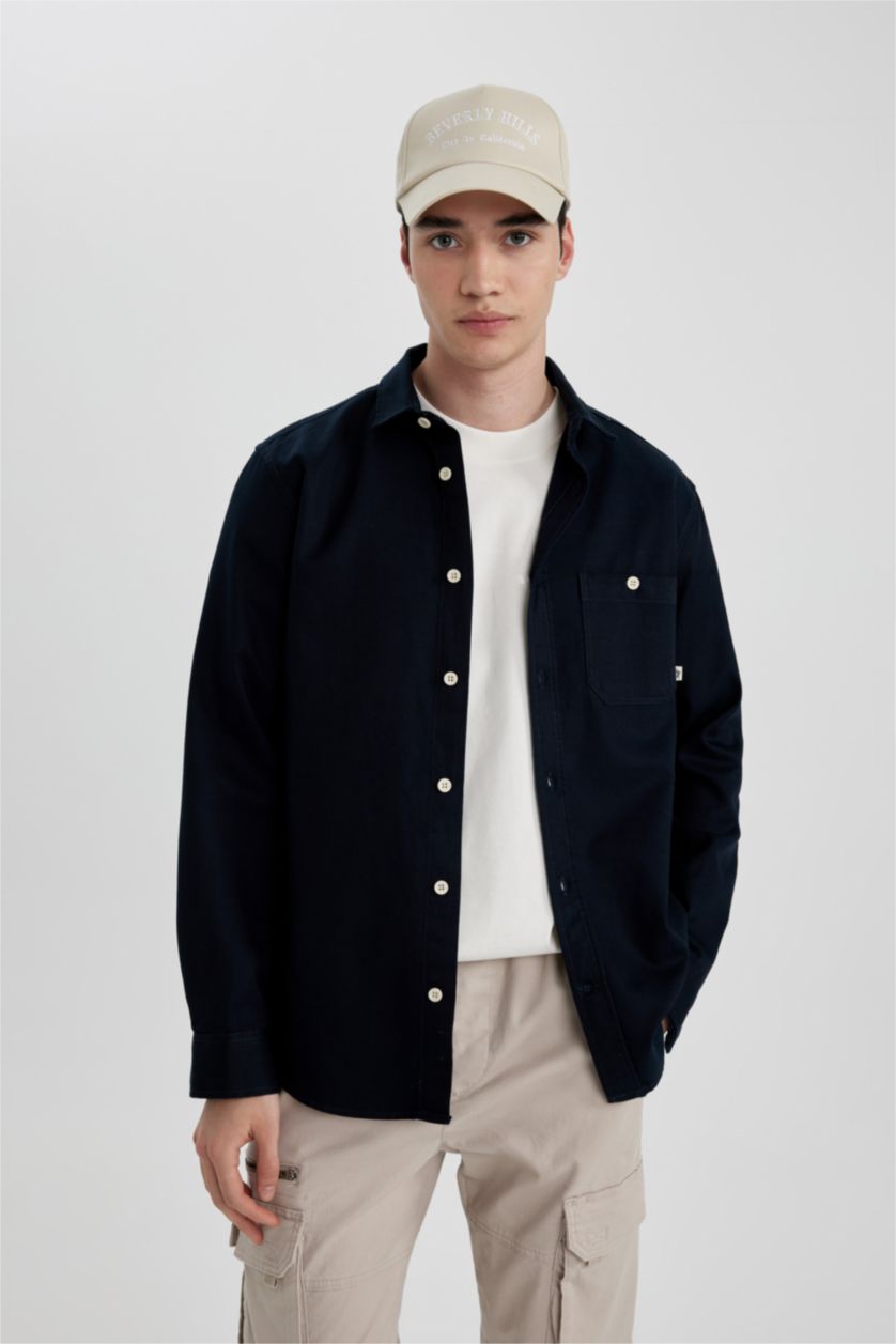 Erkek Lacivert Regular Fit Tencel Basic Düz Uzun Kollu Gömlek