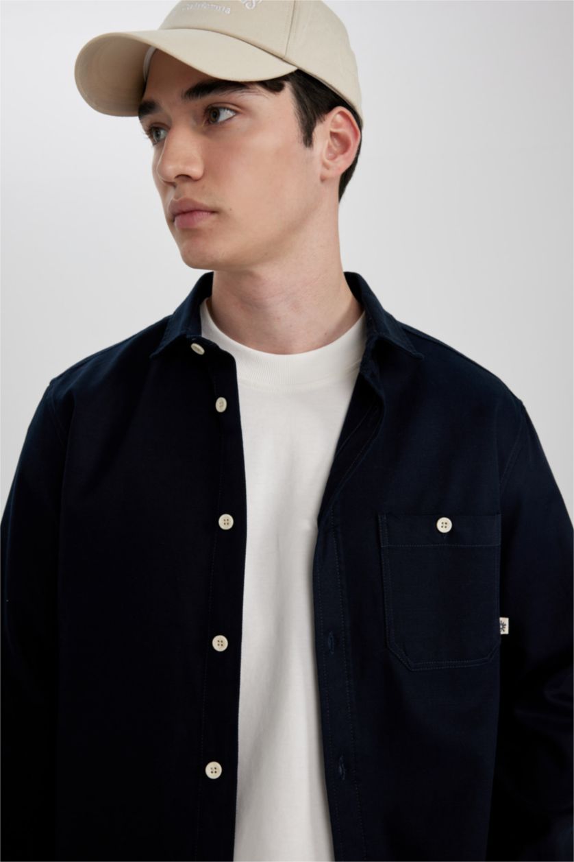 Erkek Lacivert Regular Fit Tencel Basic Düz Uzun Kollu Gömlek