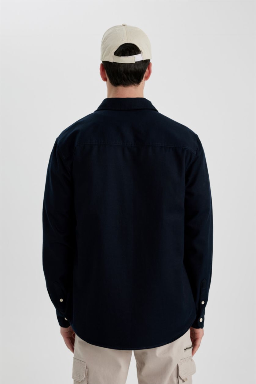 Erkek Lacivert Regular Fit Tencel Basic Düz Uzun Kollu Gömlek