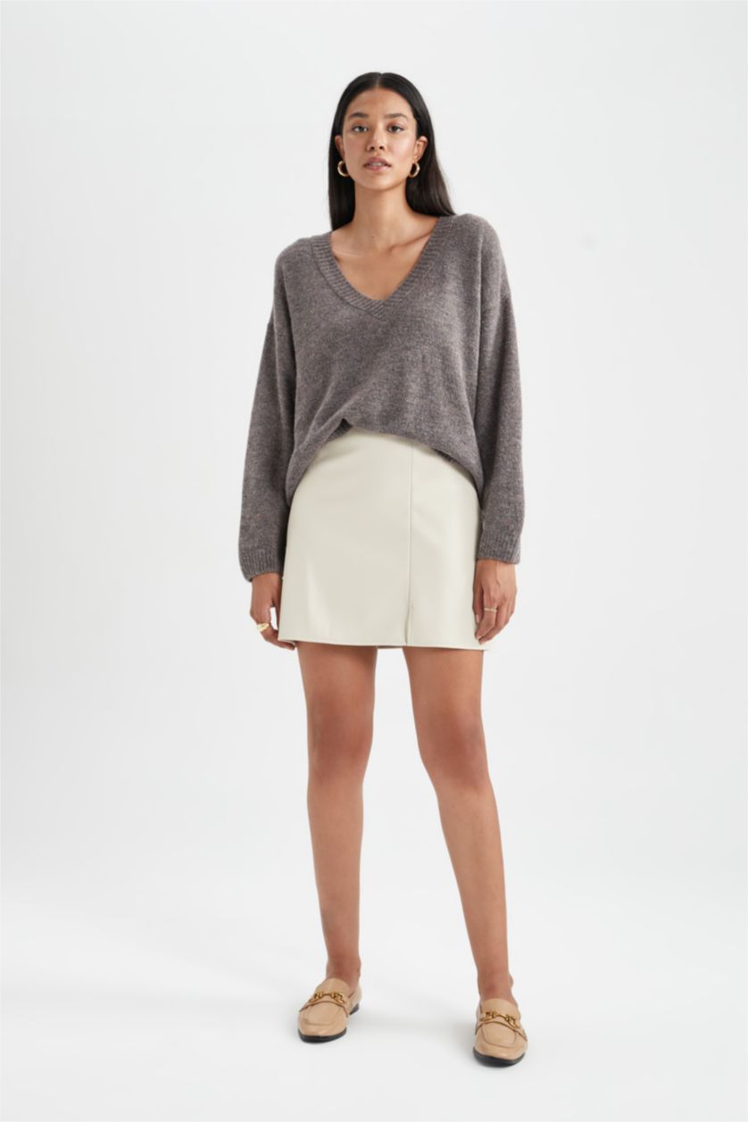 Kadın Vizon Relax Fit V Yaka Premium Yumuşak Yünlü Dokulu Kazak