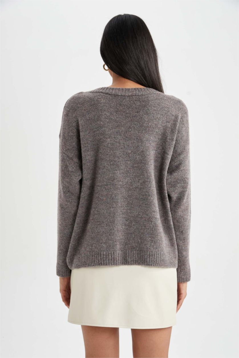 Kadın Vizon Relax Fit V Yaka Premium Yumuşak Yünlü Dokulu Kazak