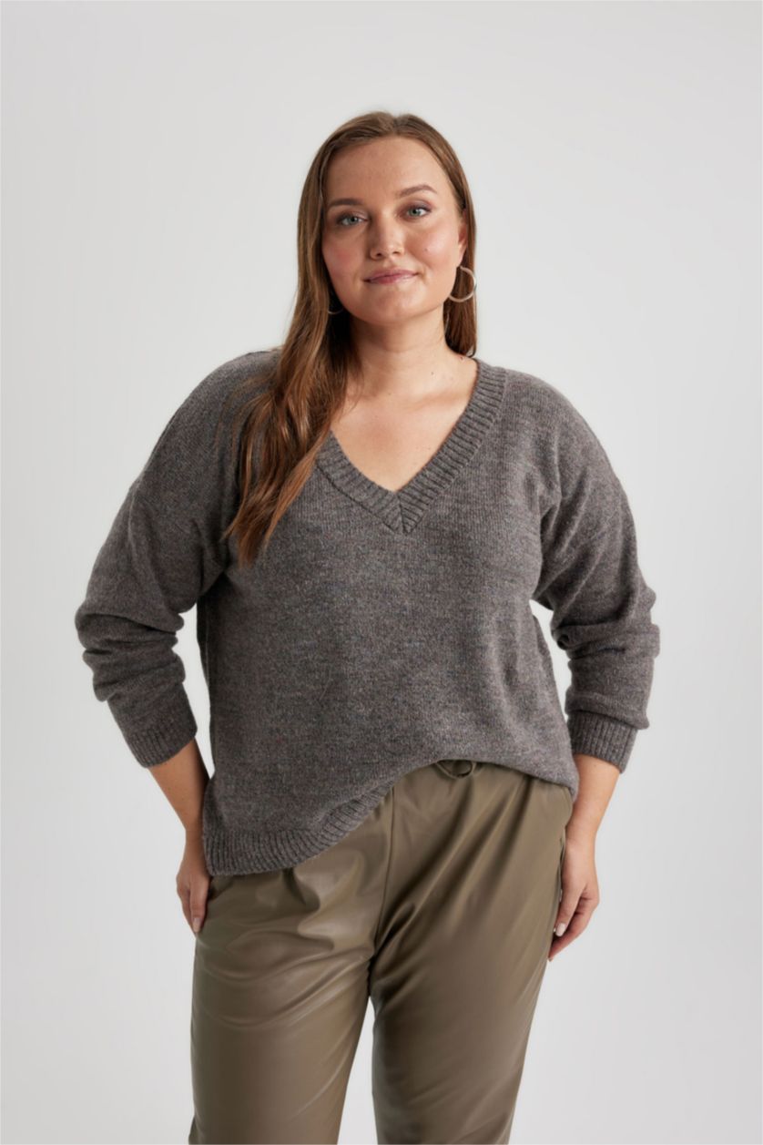 Kadın Vizon Relax Fit V Yaka Premium Yumuşak Yünlü Dokulu Kazak