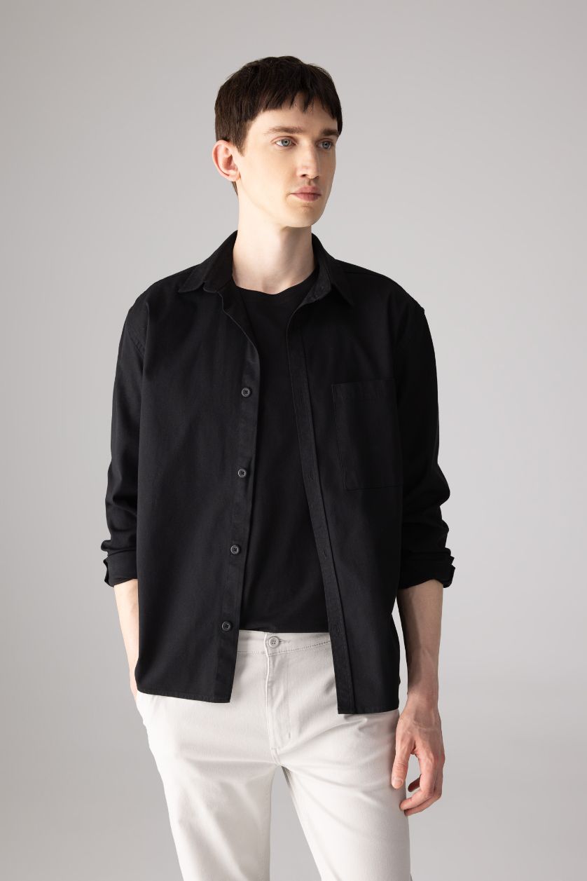 رجال أسود قميص قصة مريحة بياخة بولو