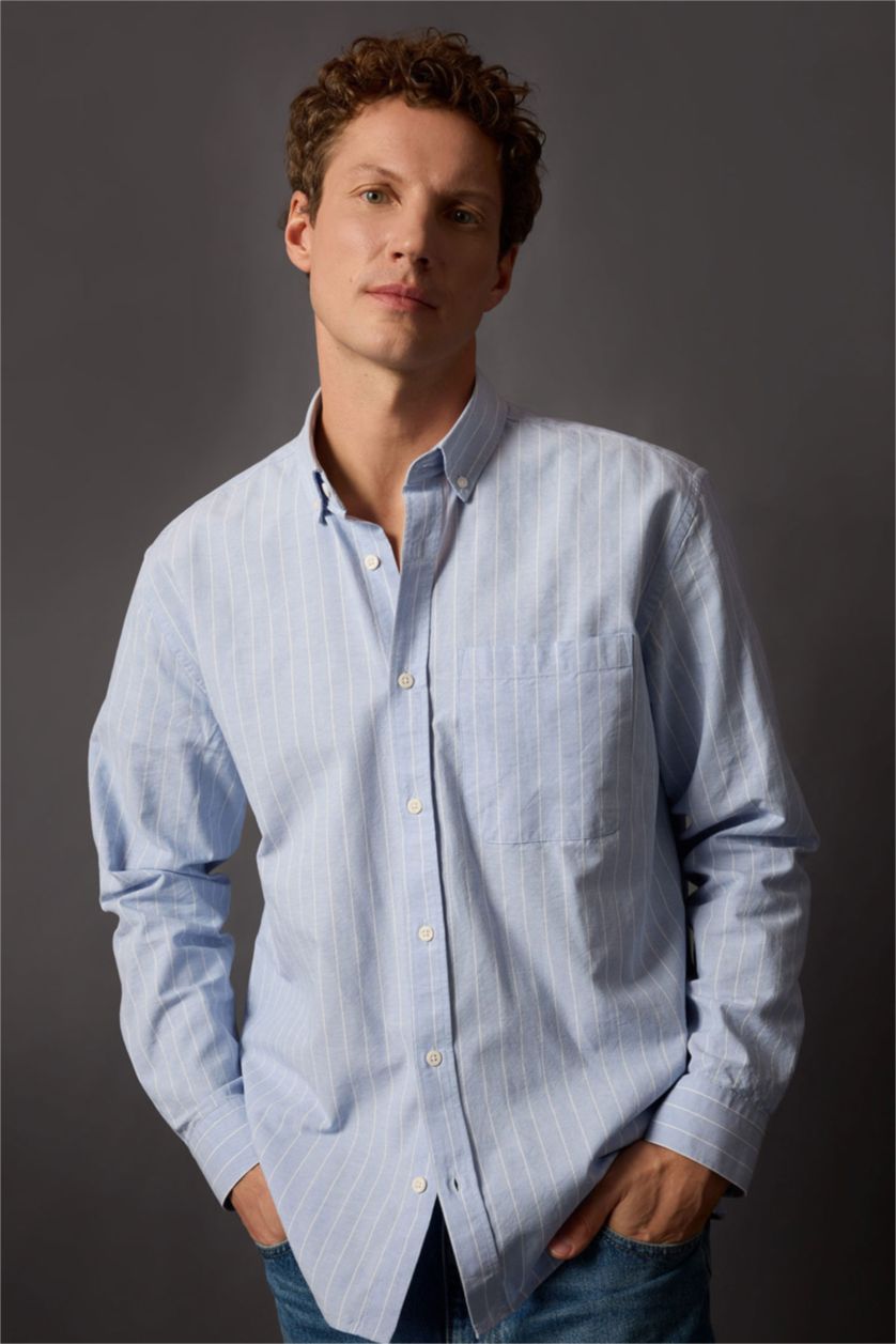 HOMME BLEU Clair Chemise Coupe décontractée Oxford Rayé Col Polo à Manches Longues