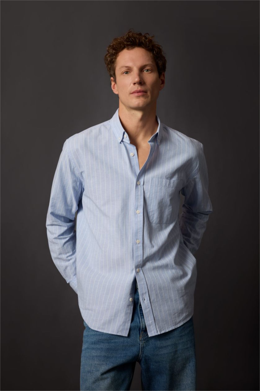 HOMME BLEU Clair Chemise Coupe décontractée Oxford Rayé Col Polo à Manches Longues