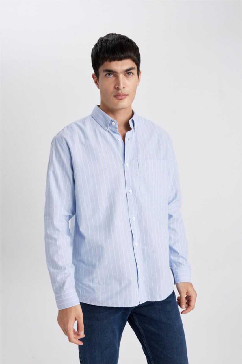 HOMME BLEU Clair Chemise Coupe décontractée Oxford Rayé Col Polo à Manches Longues