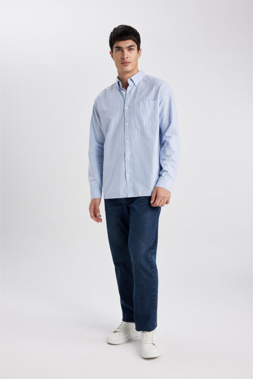 HOMME BLEU Clair Chemise Coupe décontractée Oxford Rayé Col Polo à Manches Longues