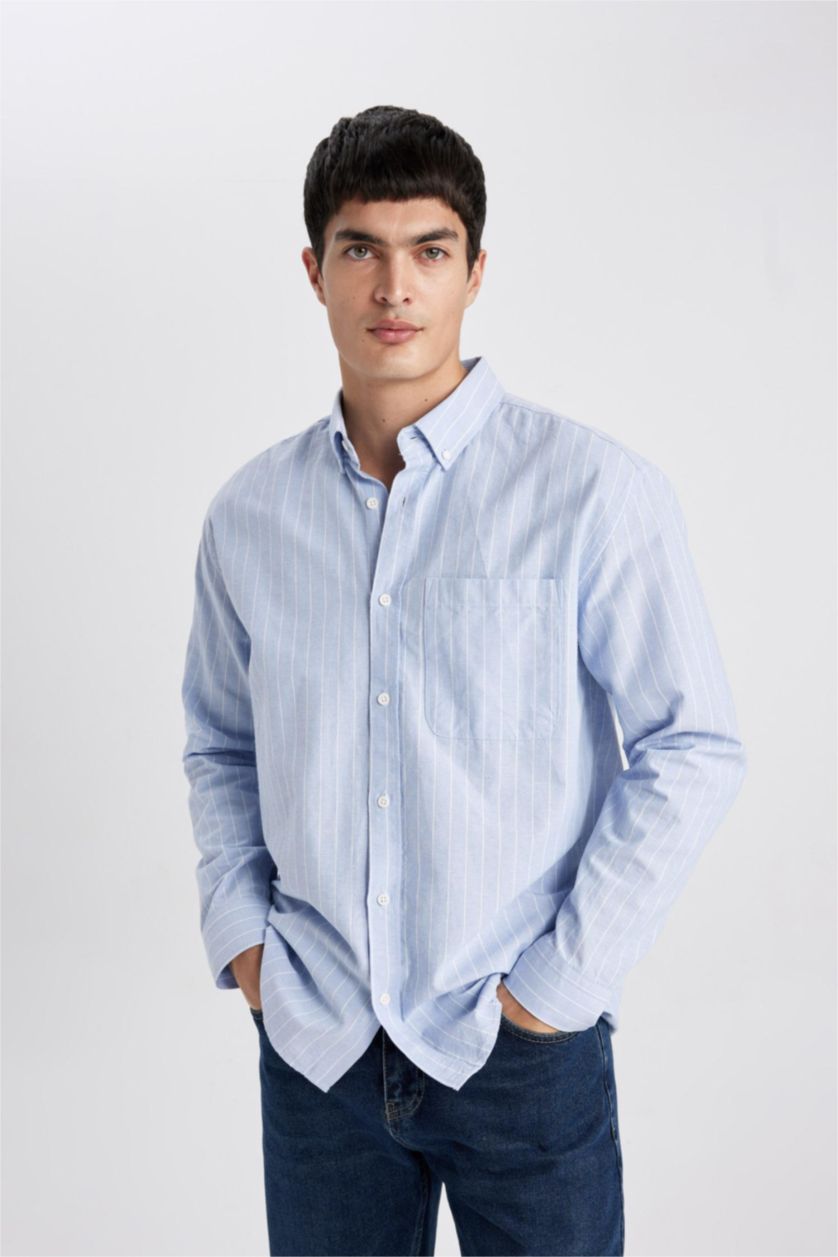 HOMME BLEU Clair Chemise Coupe décontractée Oxford Rayé Col Polo à Manches Longues
