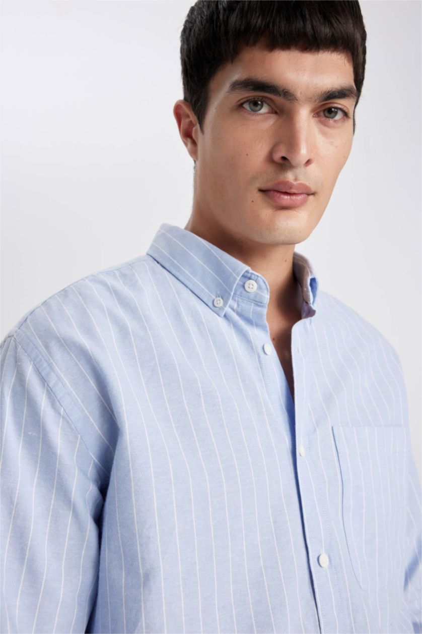 HOMME BLEU Clair Chemise Coupe décontractée Oxford Rayé Col Polo à Manches Longues
