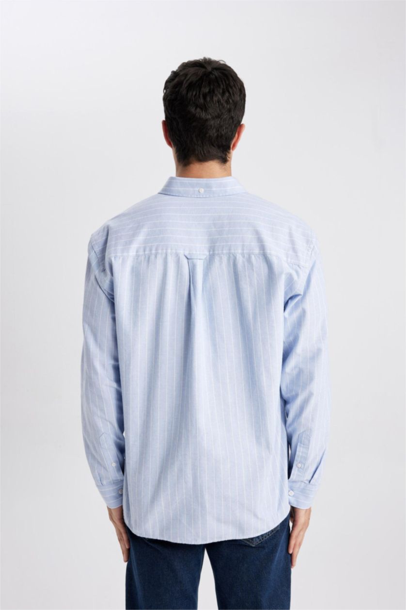 HOMME BLEU Clair Chemise Coupe décontractée Oxford Rayé Col Polo à Manches Longues