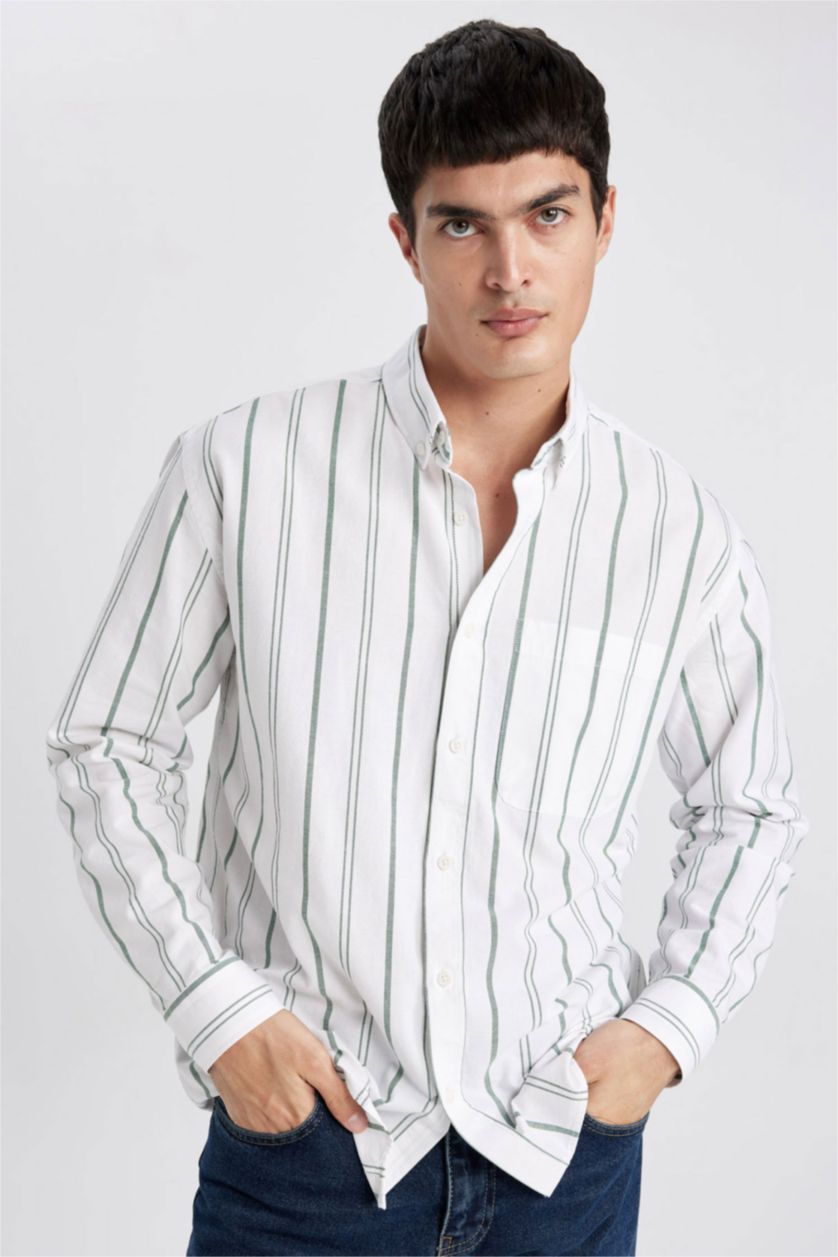 HOMME Vert Chemise Coupe décontractée Oxford Rayé Col Polo à Manches Longues