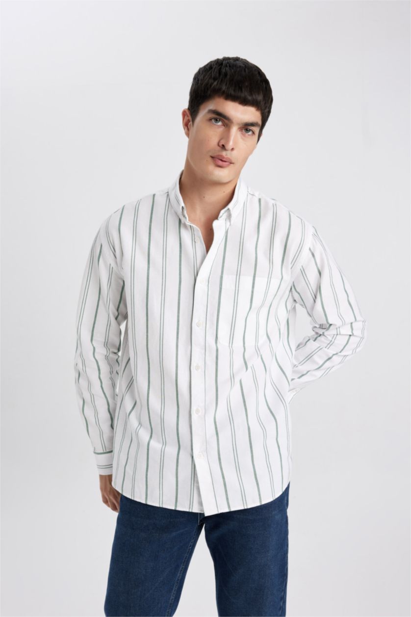 HOMME Vert Chemise Coupe décontractée Oxford Rayé Col Polo à Manches Longues