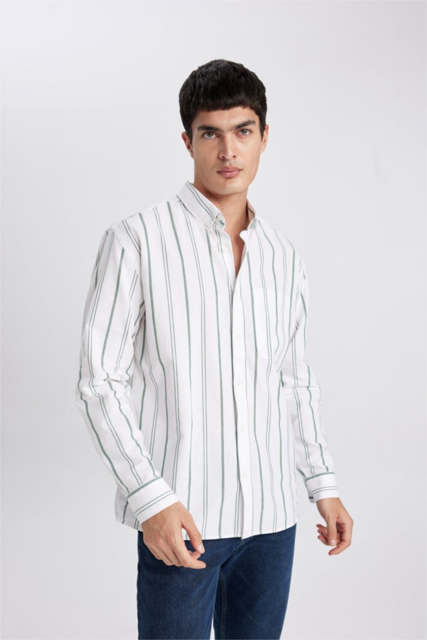 HOMME Vert Chemise Coupe décontractée Oxford Rayé Col Polo à Manches Longues