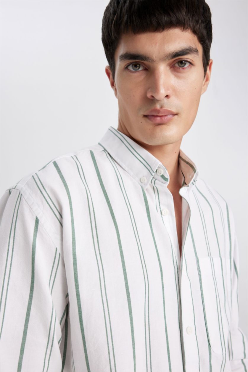 HOMME Vert Chemise Coupe décontractée Oxford Rayé Col Polo à Manches Longues