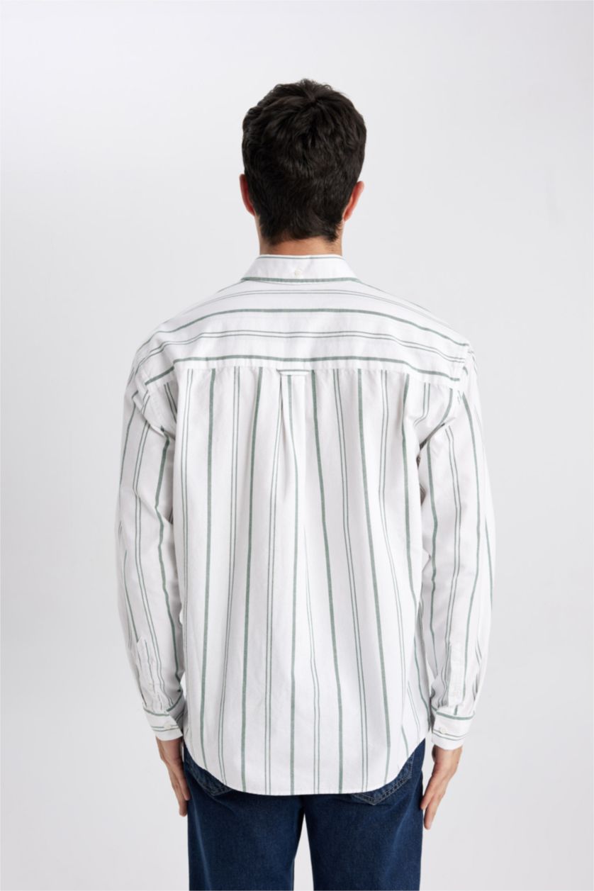 HOMME Vert Chemise Coupe décontractée Oxford Rayé Col Polo à Manches Longues