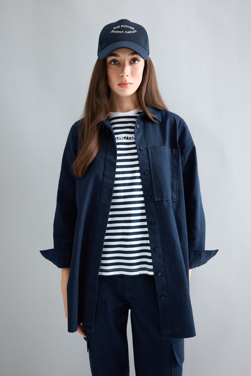 نساء كحلي Regular Fit Gabardine Long Sleeve Tunic