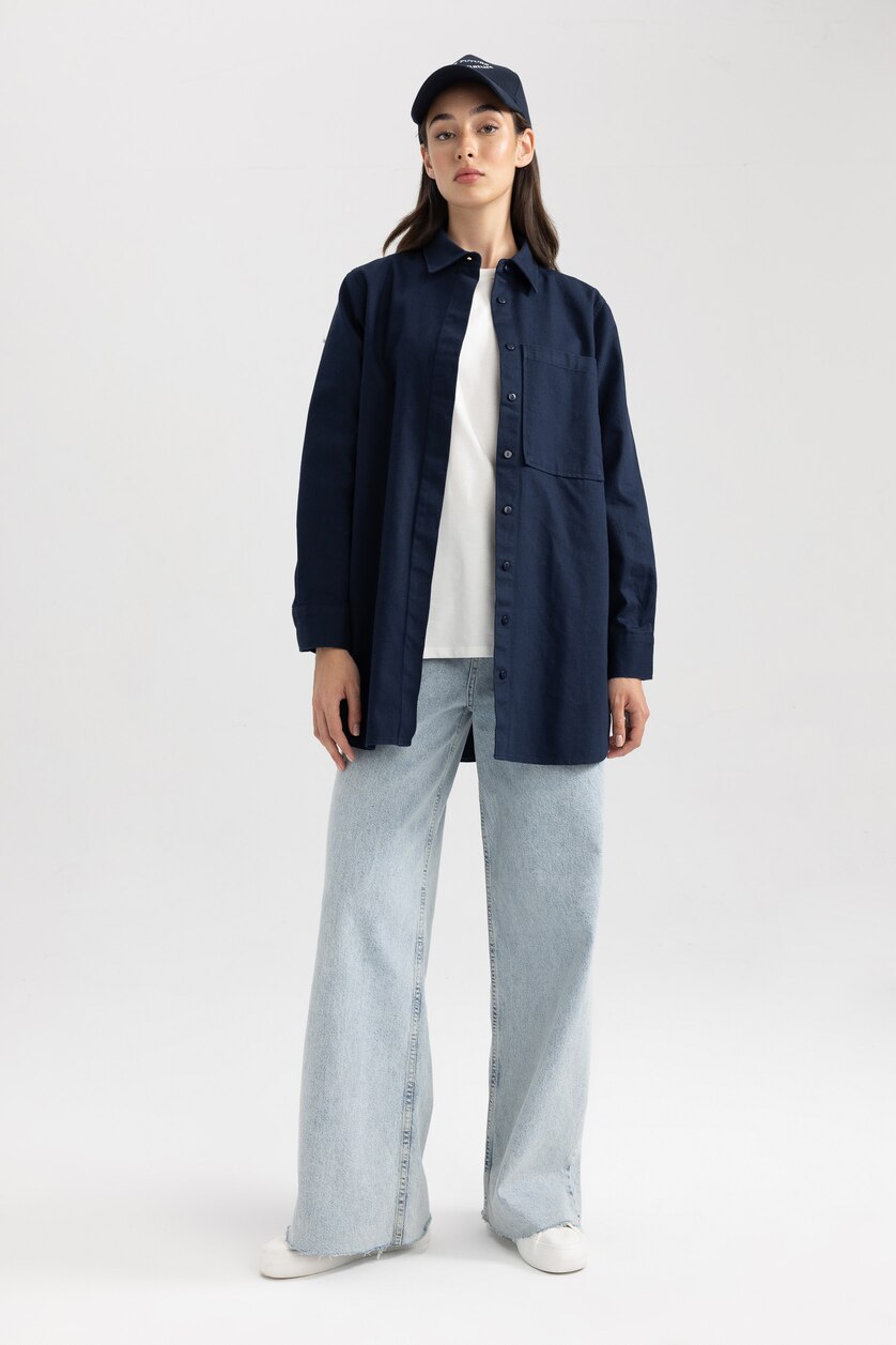 نساء كحلي Regular Fit Gabardine Long Sleeve Tunic
