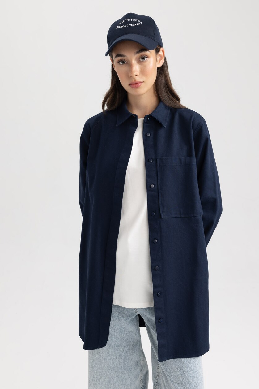 نساء كحلي Regular Fit Gabardine Long Sleeve Tunic