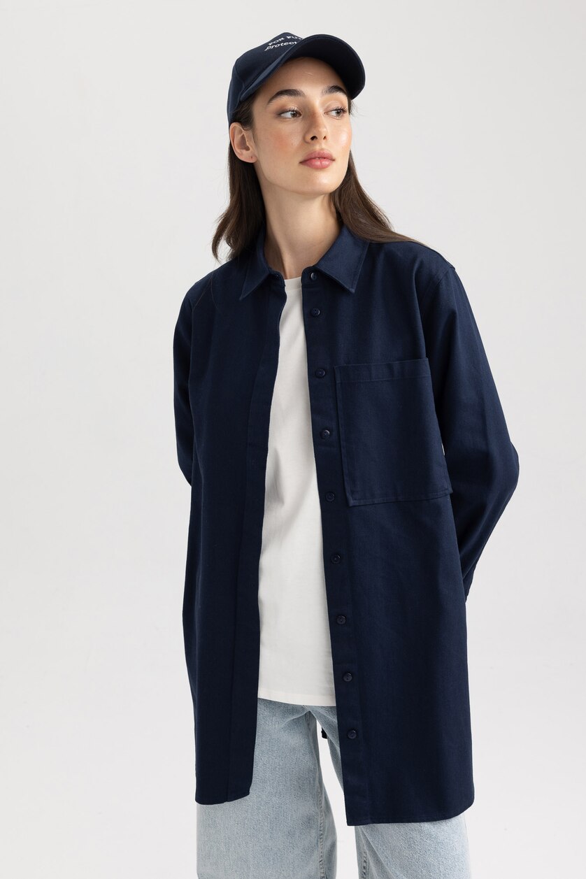 نساء كحلي Regular Fit Gabardine Long Sleeve Tunic