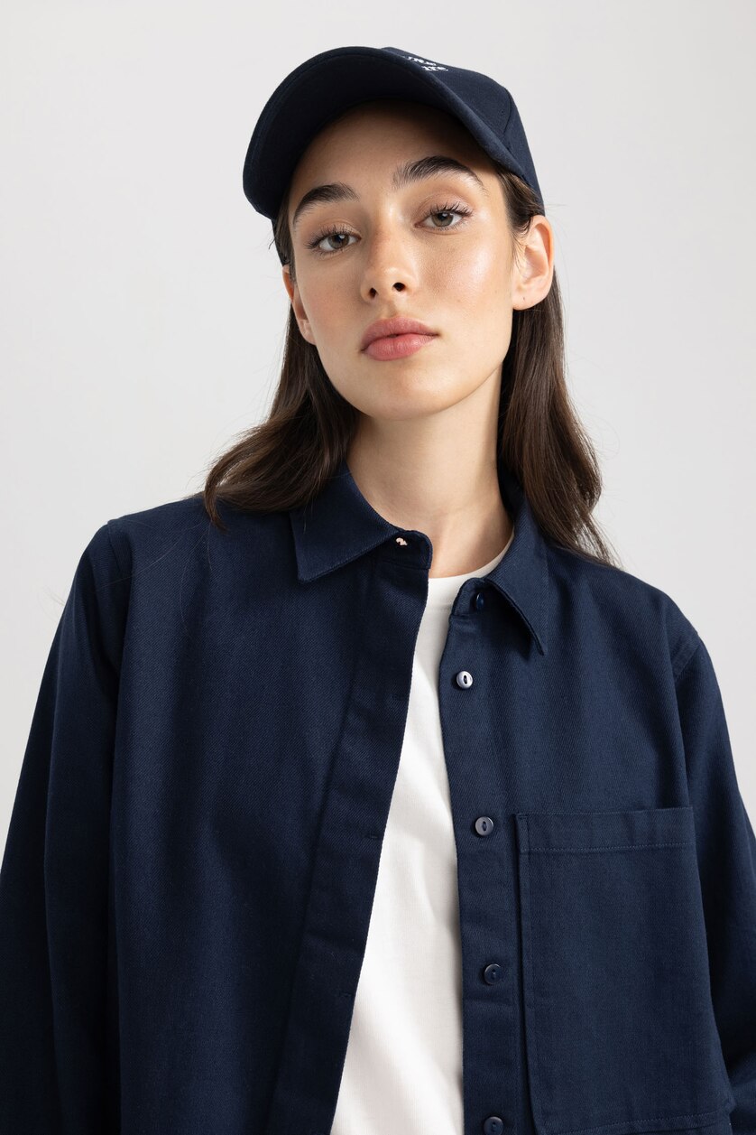 نساء كحلي Regular Fit Gabardine Long Sleeve Tunic