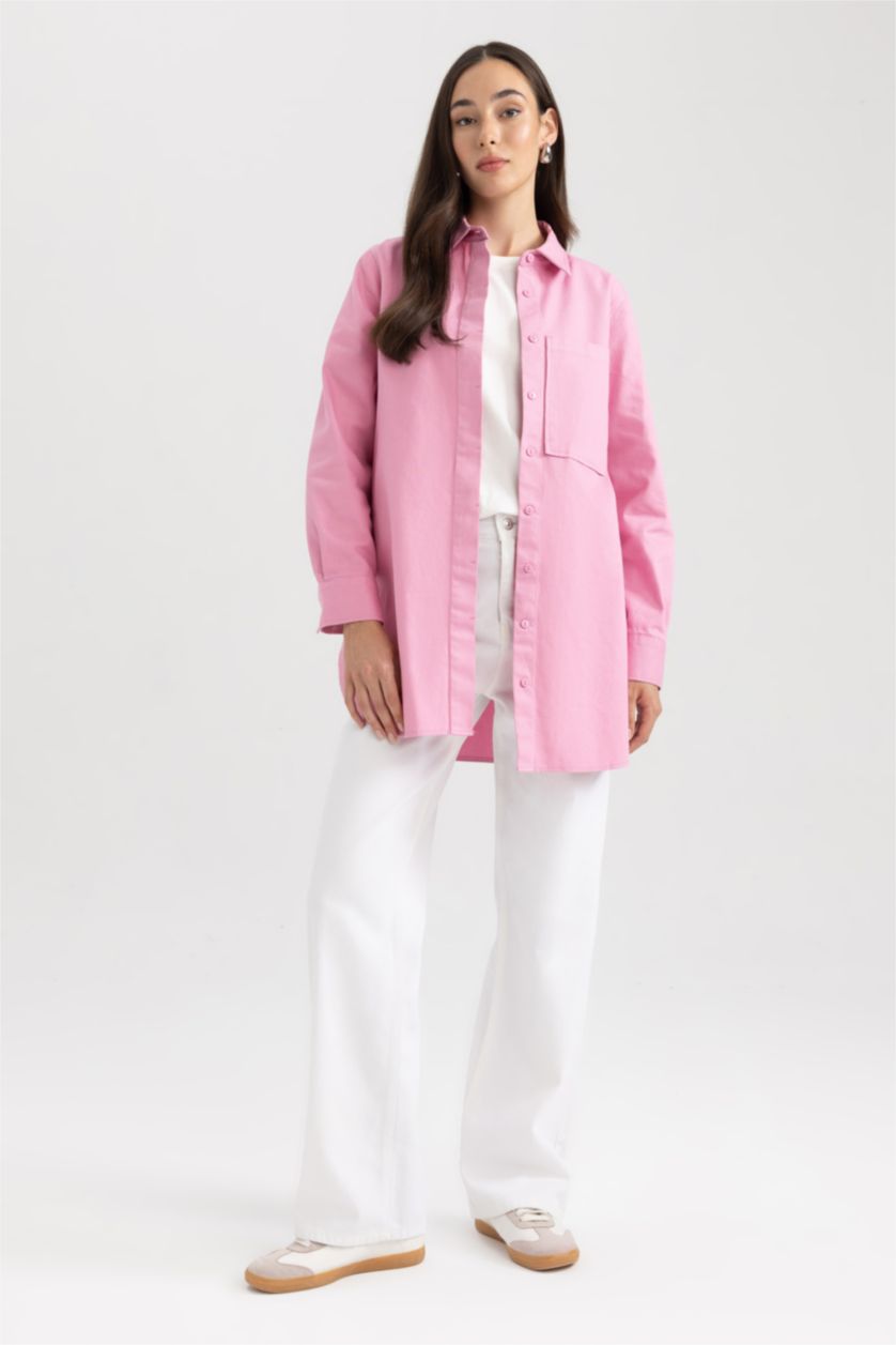 WOMAN Pink Regular Fit Gabardine Shirt Collar Long Sleeve Tunic