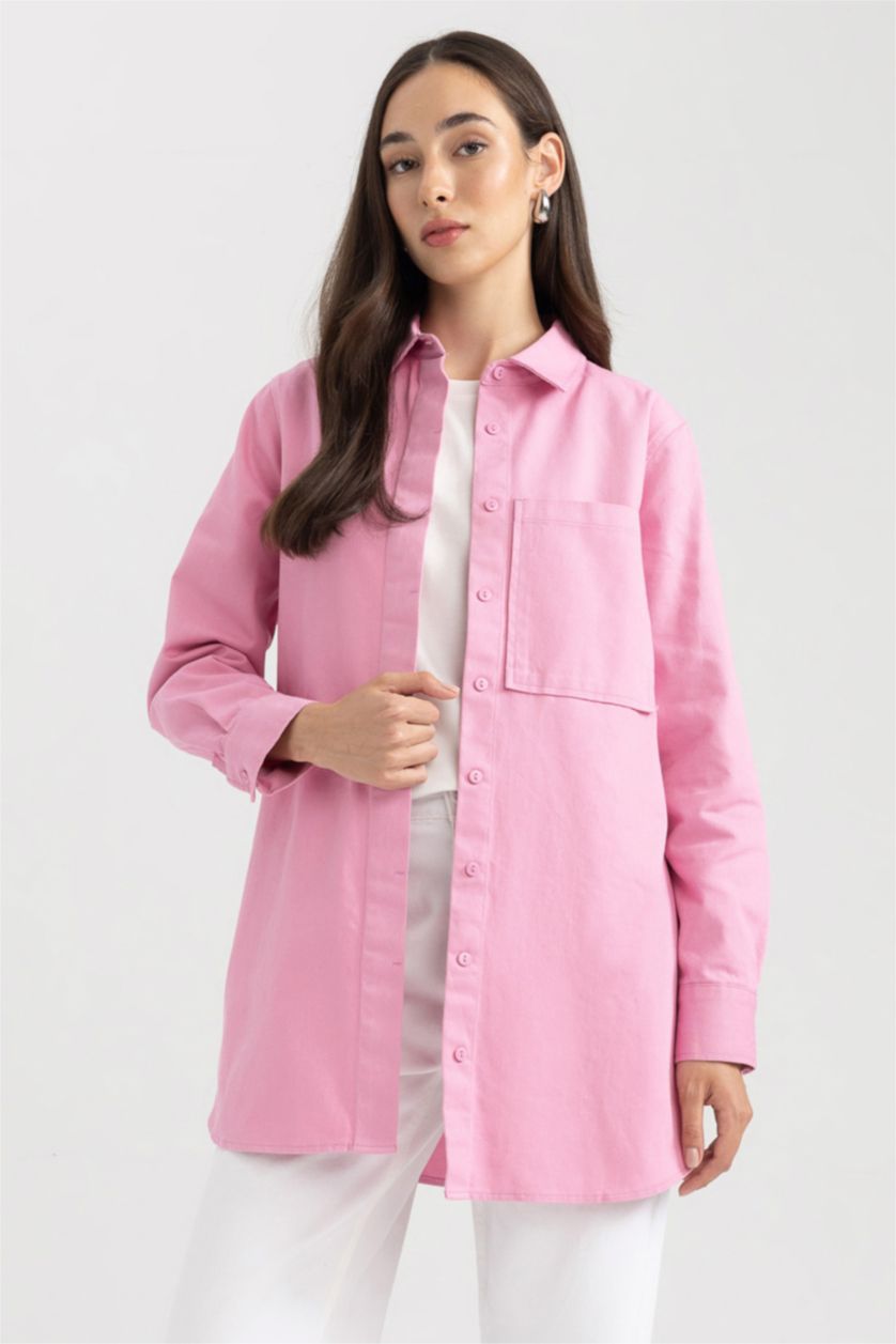 WOMAN Pink Regular Fit Gabardine Shirt Collar Long Sleeve Tunic