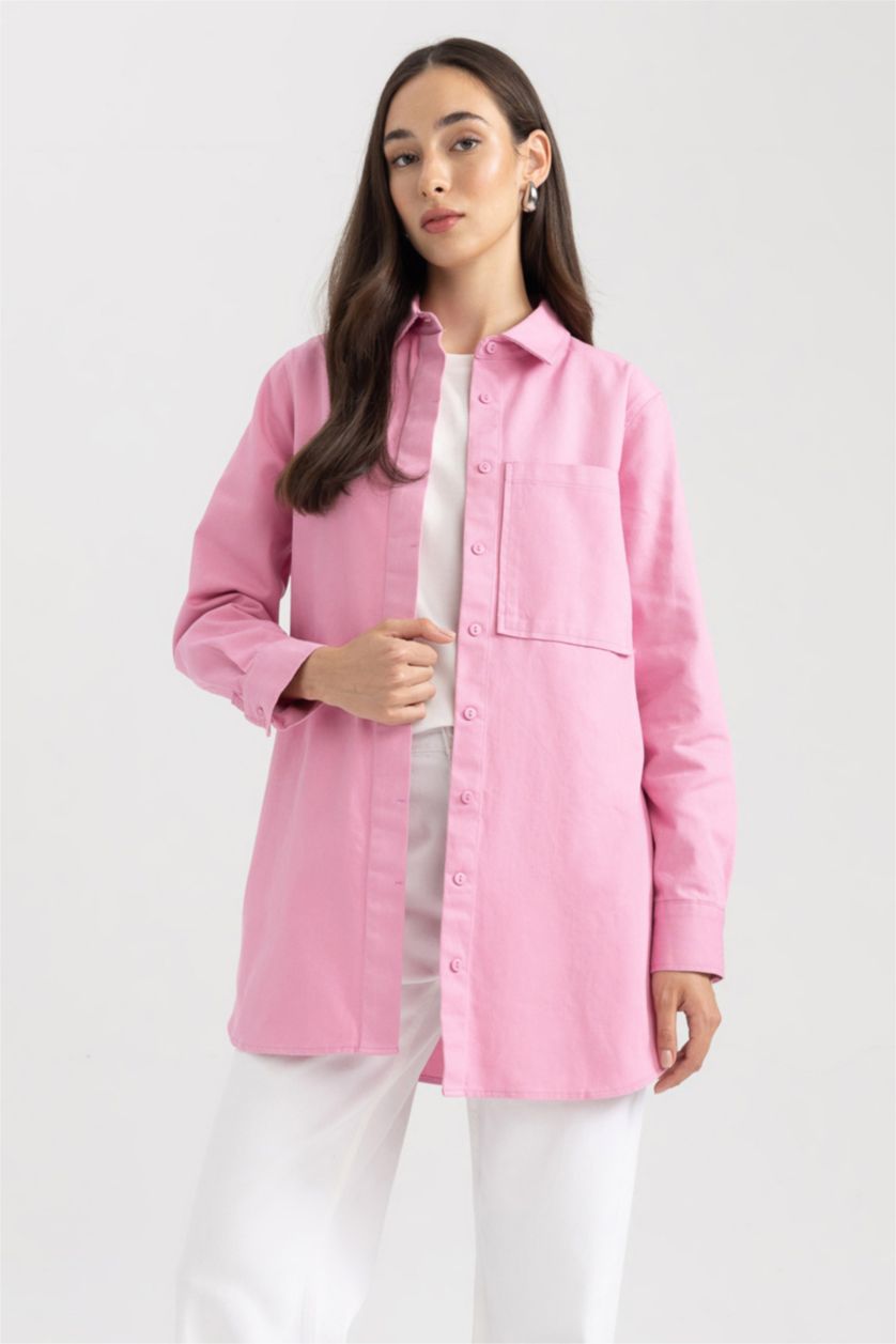 WOMAN Pink Regular Fit Gabardine Shirt Collar Long Sleeve Tunic