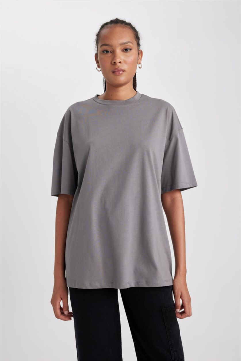 WOMAN Anthracite Oversize Fit Crew Neck Cotton Short Sleeve T-Shirt