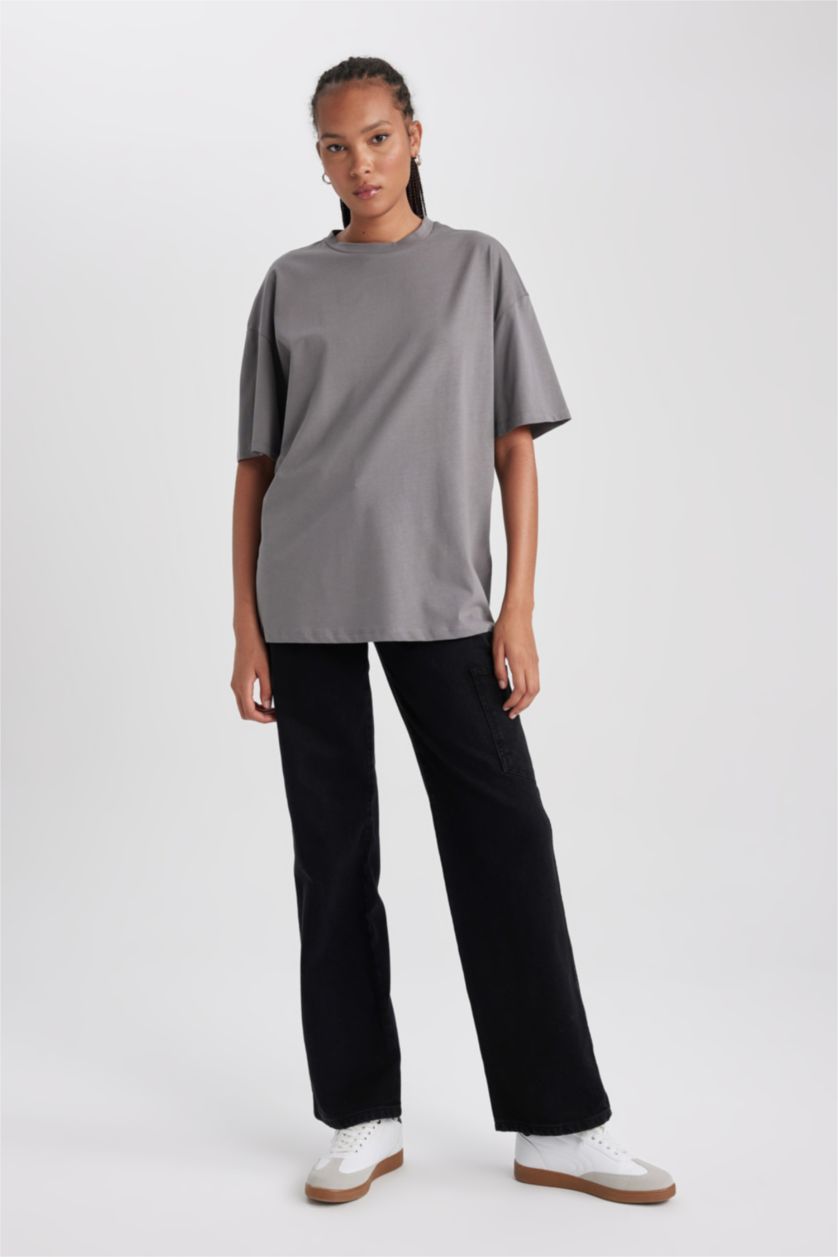 WOMAN Anthracite Oversize Fit Crew Neck Cotton Short Sleeve T-Shirt