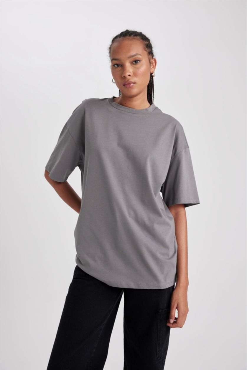WOMAN Anthracite Oversize Fit Crew Neck Cotton Short Sleeve T-Shirt