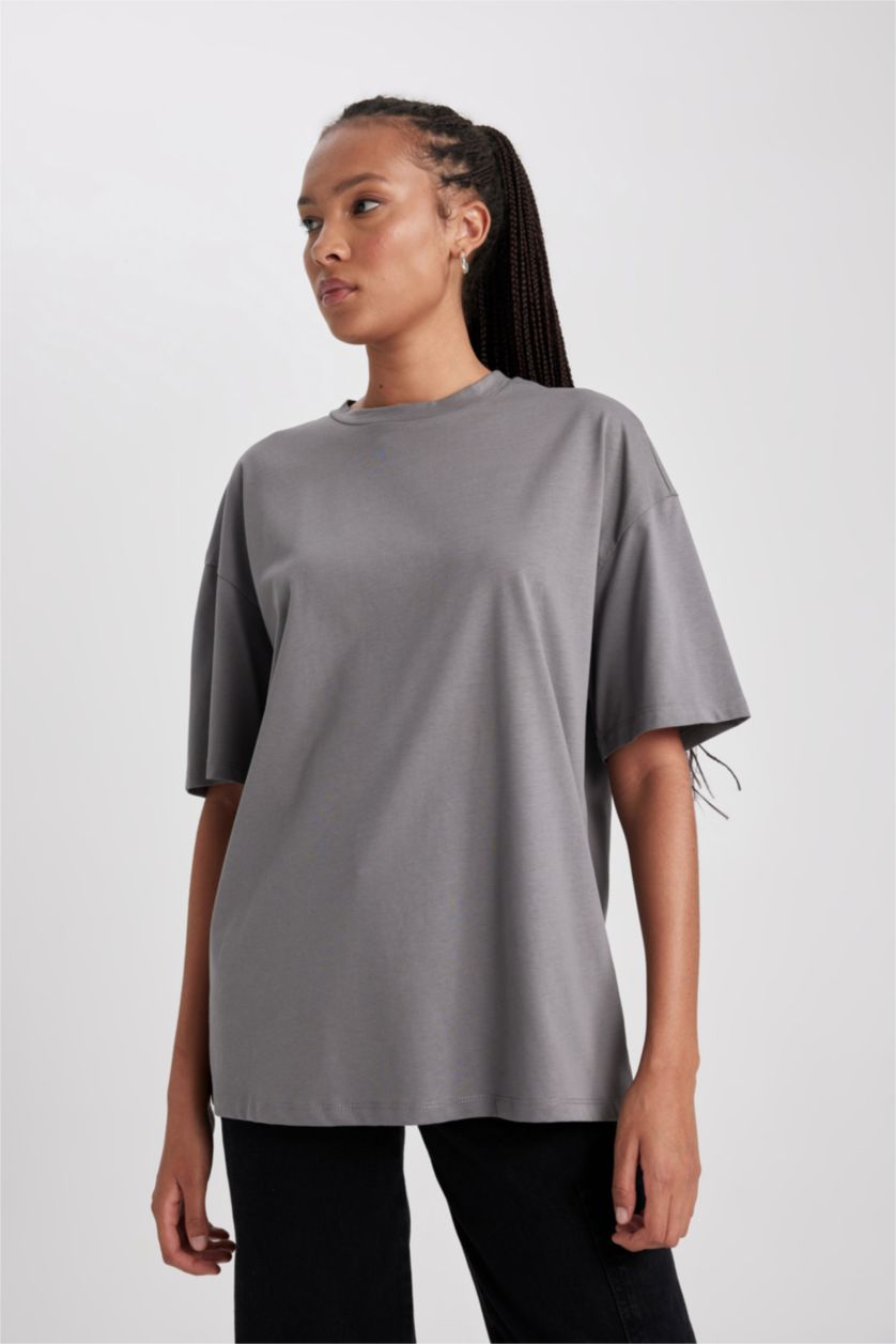 WOMAN Anthracite Oversize Fit Crew Neck Cotton Short Sleeve T-Shirt