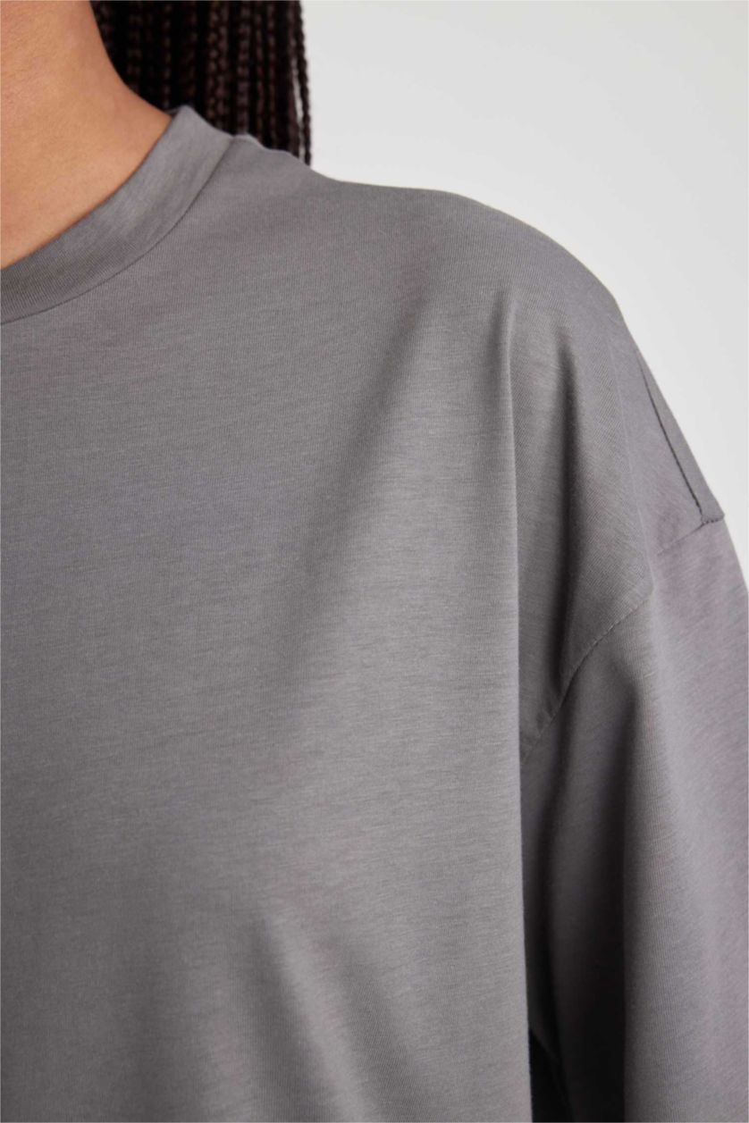 WOMAN Anthracite Oversize Fit Crew Neck Cotton Short Sleeve T-Shirt