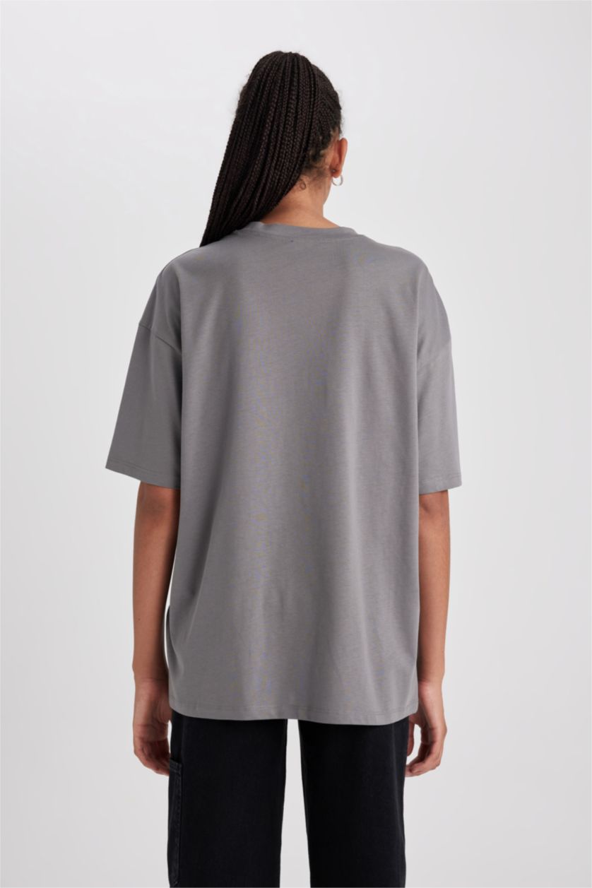 WOMAN Anthracite Oversize Fit Crew Neck Cotton Short Sleeve T-Shirt