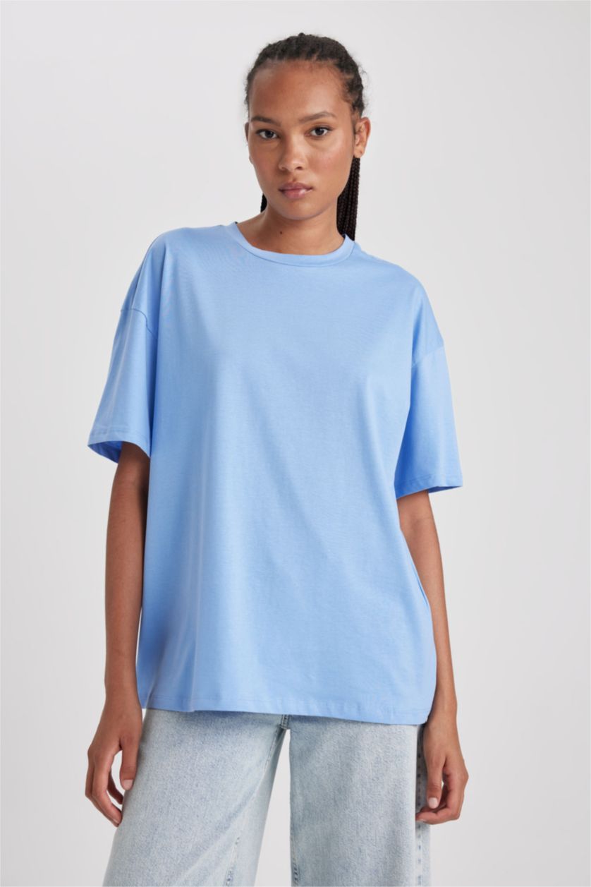 Женщины Голубой Футболка оверсайз с круглым вырезом