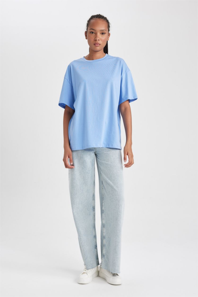 Женщины Голубой Футболка оверсайз с круглым вырезом