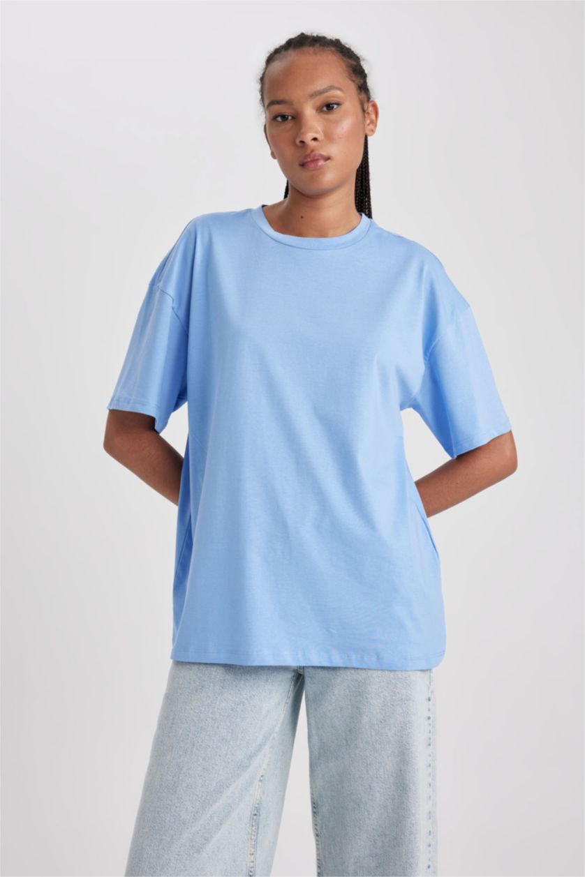 Женщины Голубой Футболка оверсайз с круглым вырезом