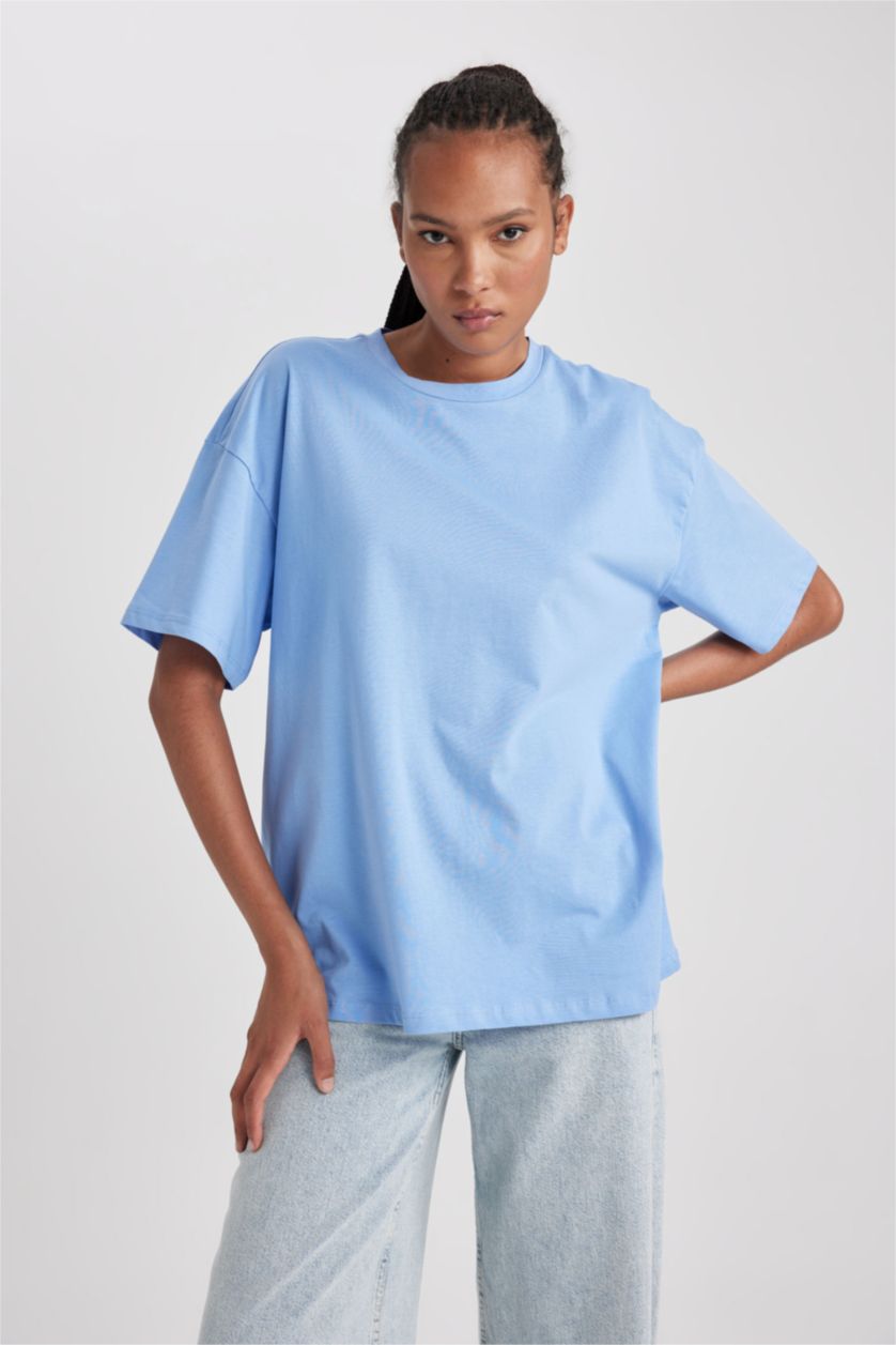 Женщины Голубой Футболка оверсайз с круглым вырезом