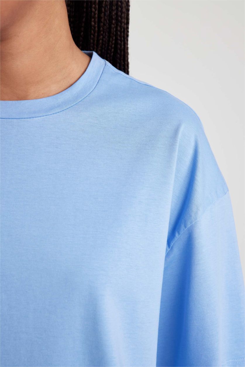 Женщины Голубой Футболка оверсайз с круглым вырезом