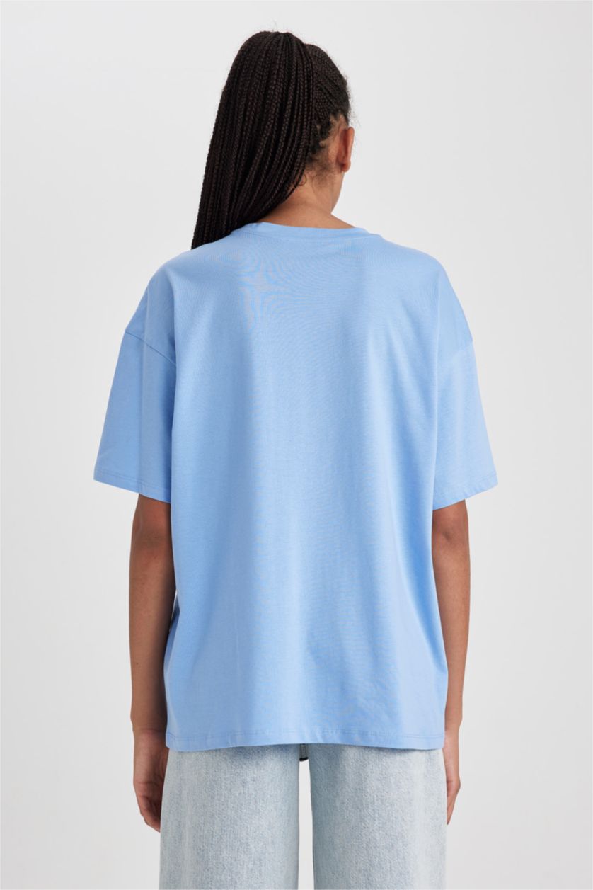 Женщины Голубой Футболка оверсайз с круглым вырезом
