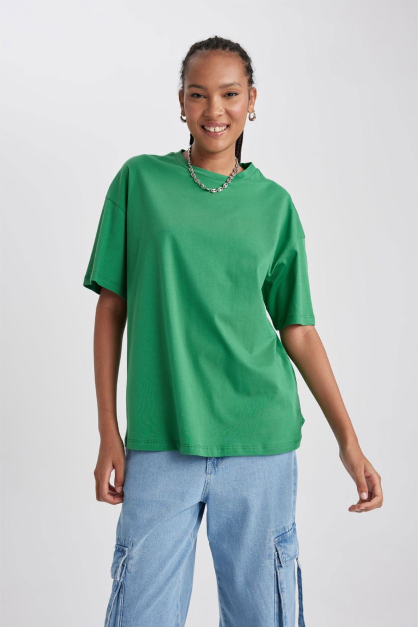 Женщины Зеленый Oversize Fit Cotton Short Sleeve T-Shirt