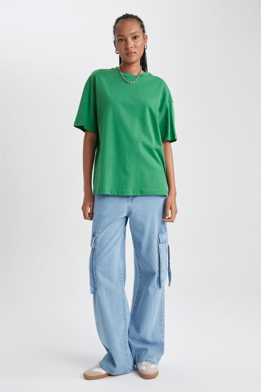Женщины Зеленый Oversize Fit Cotton Short Sleeve T-Shirt