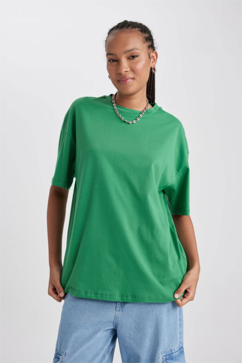 Женщины Зеленый Oversize Fit Cotton Short Sleeve T-Shirt