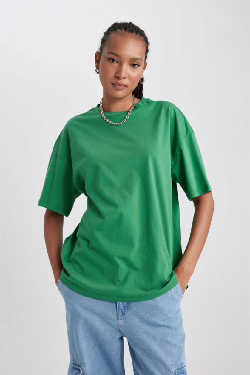 Женщины Зеленый Oversize Fit Cotton Short Sleeve T-Shirt