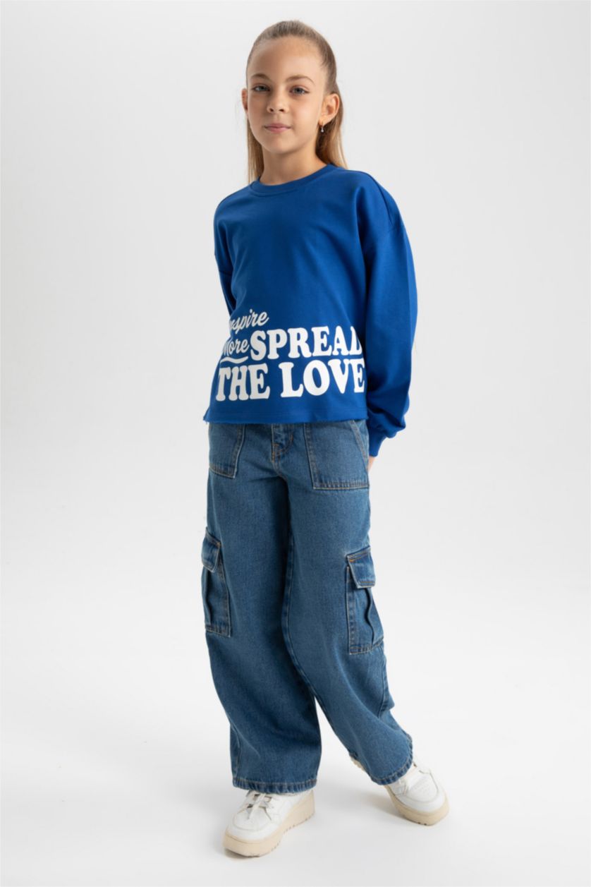 Young Girls - Teen Girls Dark Blue Crop Crew Neck Sweatshirt