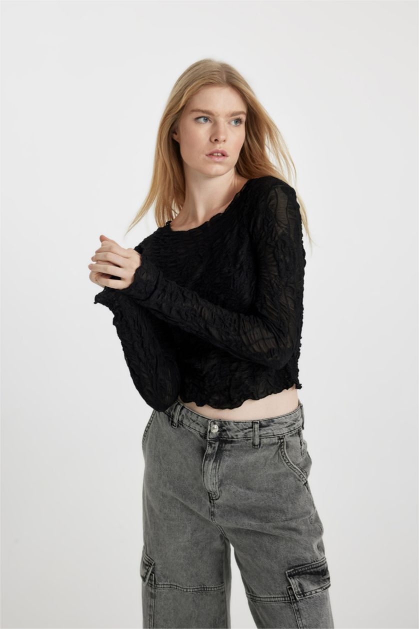 نساء أسود تيشيرت ردن طويل مضلع سليم فيت