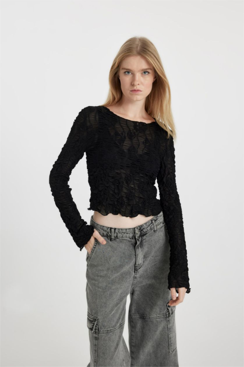 نساء أسود تيشيرت ردن طويل مضلع سليم فيت