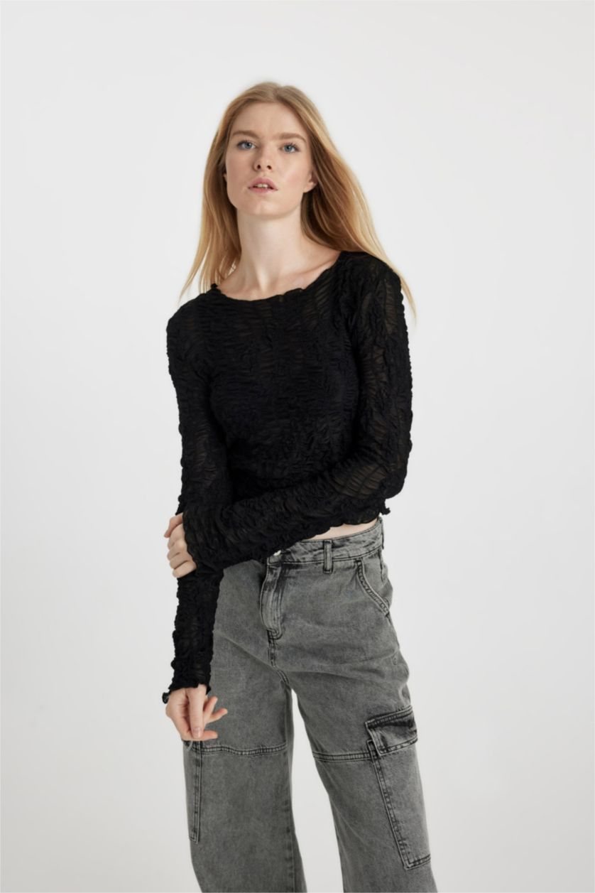 نساء أسود تيشيرت ردن طويل مضلع سليم فيت