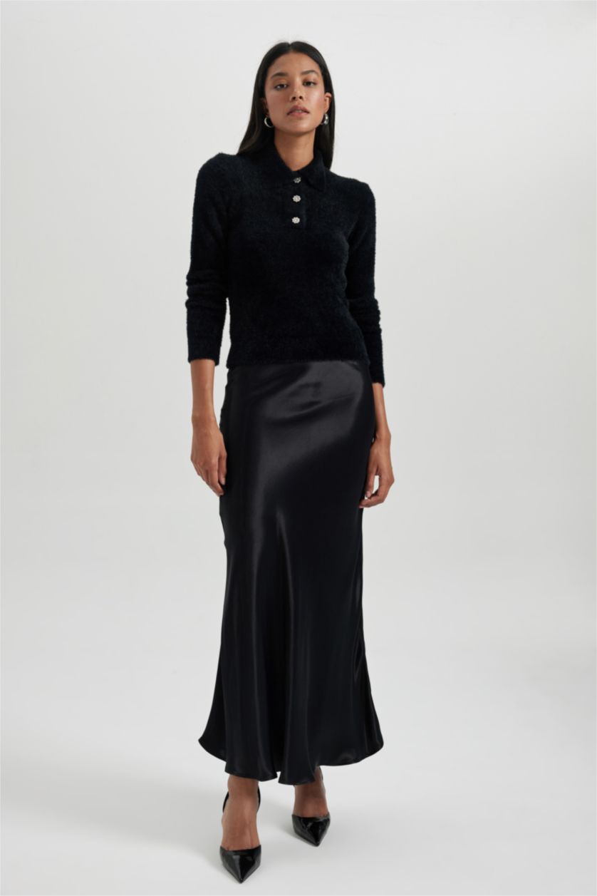 Женщины Черный Свитер свободного кроя с воротником-поло